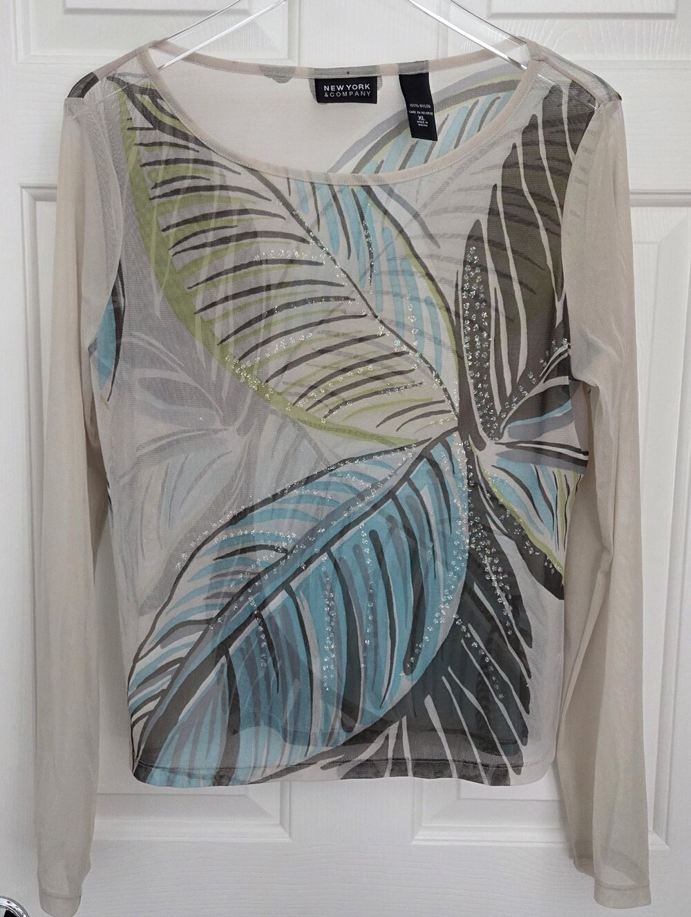 New York & Company XL Sheer Layering Top With Palm Leaf Print